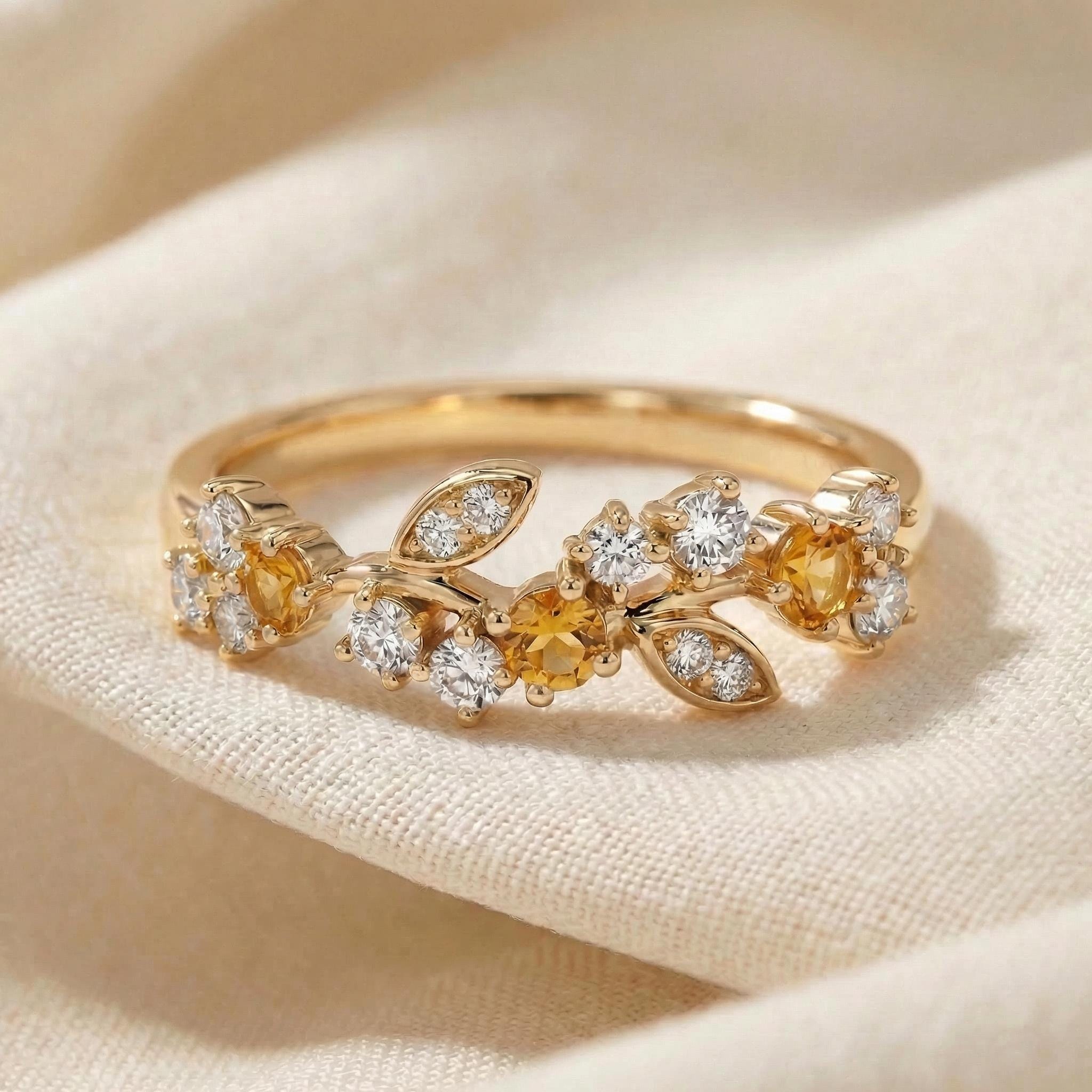 Citrine Leaf Wedding Band, Nature Inspired Floral Cluster Ring for Her – November Birthstone Gift – 14K Gold Moissanite Jewelry