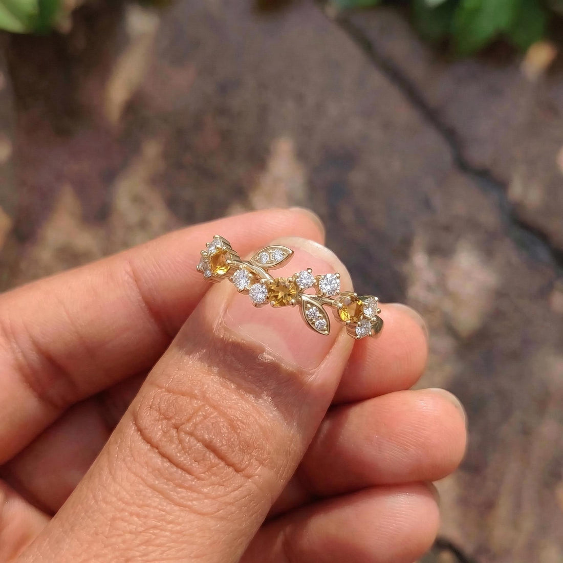 Citrine Leaf Wedding Band, Nature Inspired Floral Cluster Ring for Her – November Birthstone Gift – 14K Gold Moissanite Jewelry