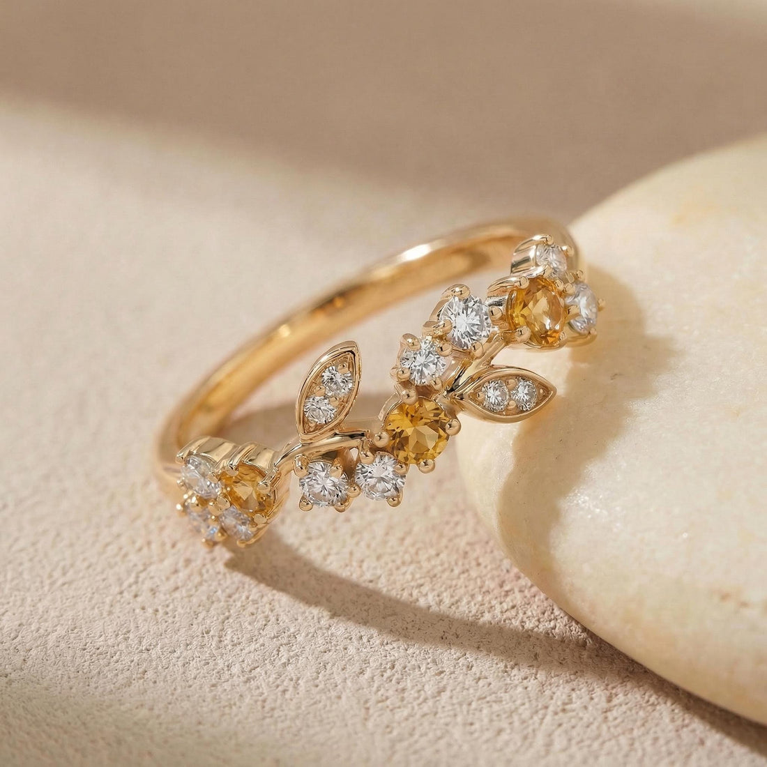 Citrine Leaf Wedding Band, Nature Inspired Floral Cluster Ring for Her – November Birthstone Gift – 14K Gold Moissanite Jewelry