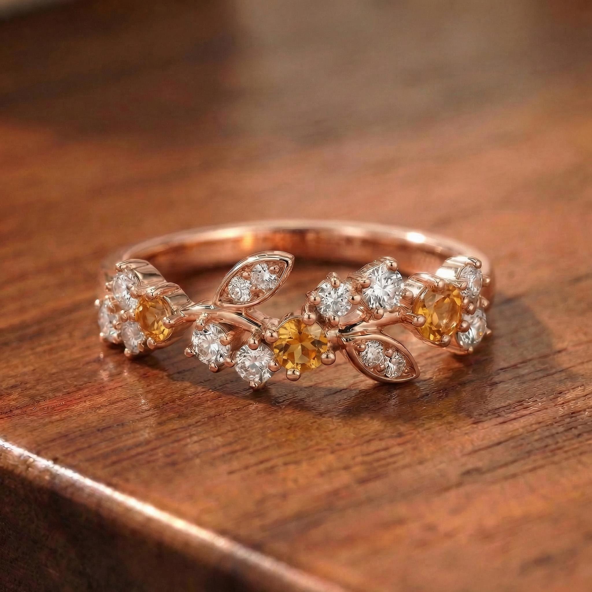 Citrine Leaf Wedding Band, Nature Inspired Floral Cluster Ring for Her – November Birthstone Gift – 14K Gold Moissanite Jewelry