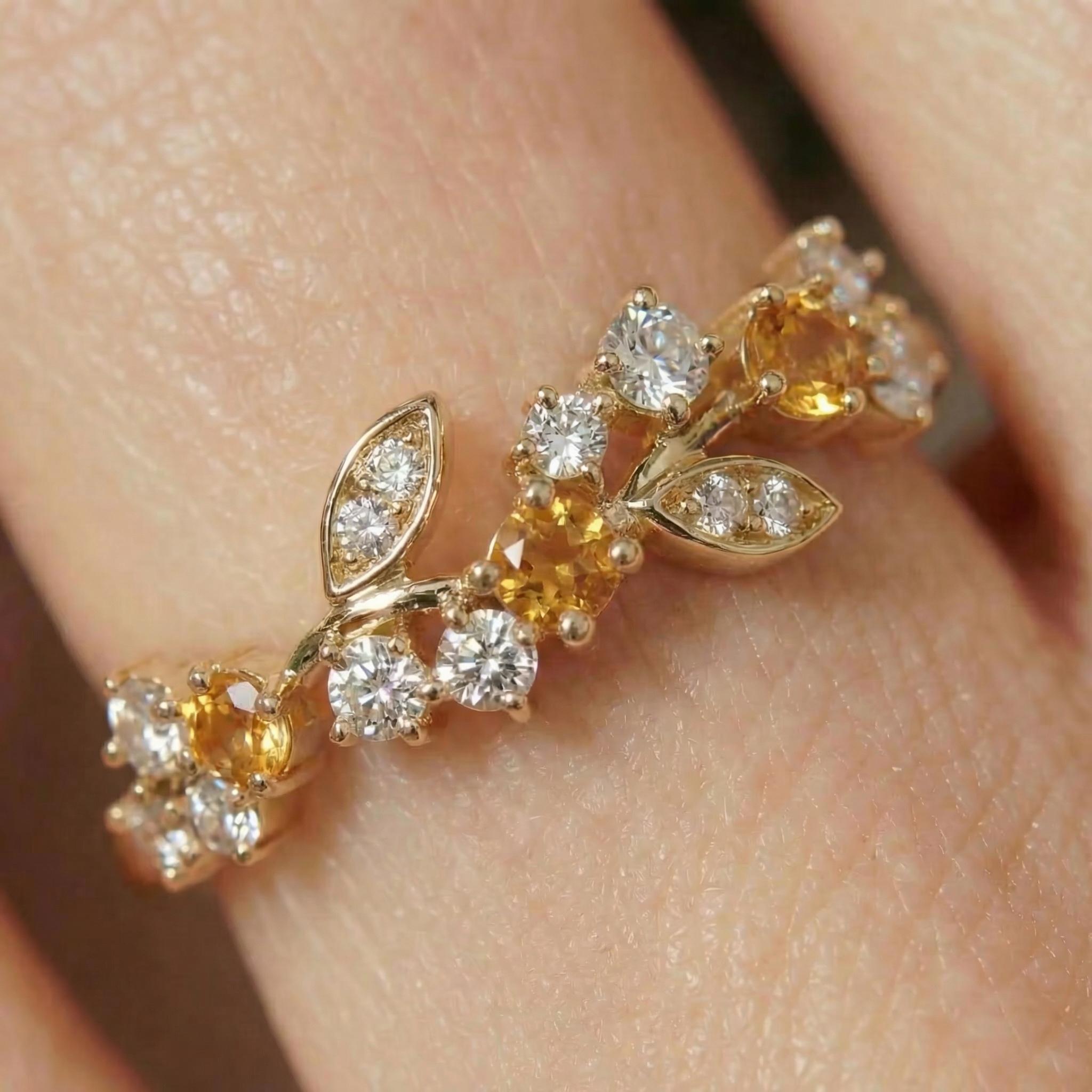 Citrine Leaf Wedding Band, Nature Inspired Floral Cluster Ring for Her – November Birthstone Gift – 14K Gold Moissanite Jewelry