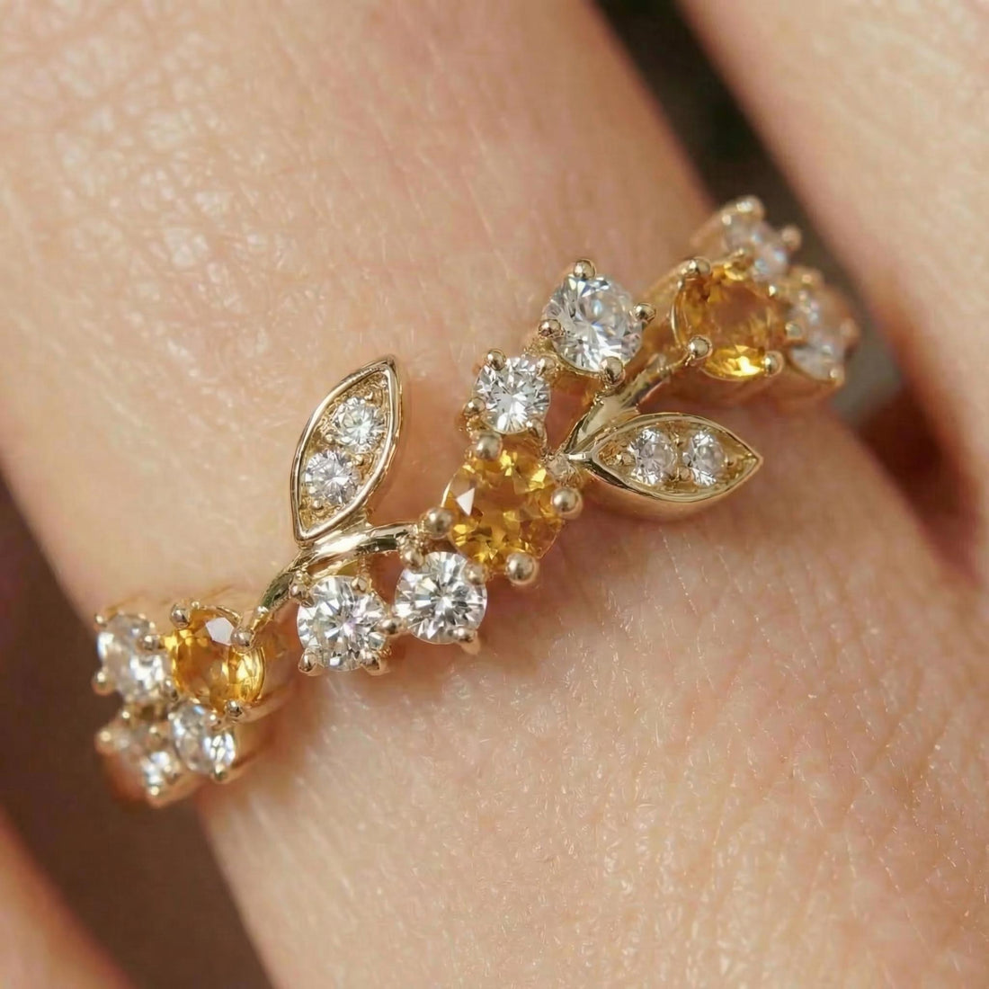 Citrine Leaf Wedding Band, Nature Inspired Floral Cluster Ring for Her – November Birthstone Gift – 14K Gold Moissanite Jewelry