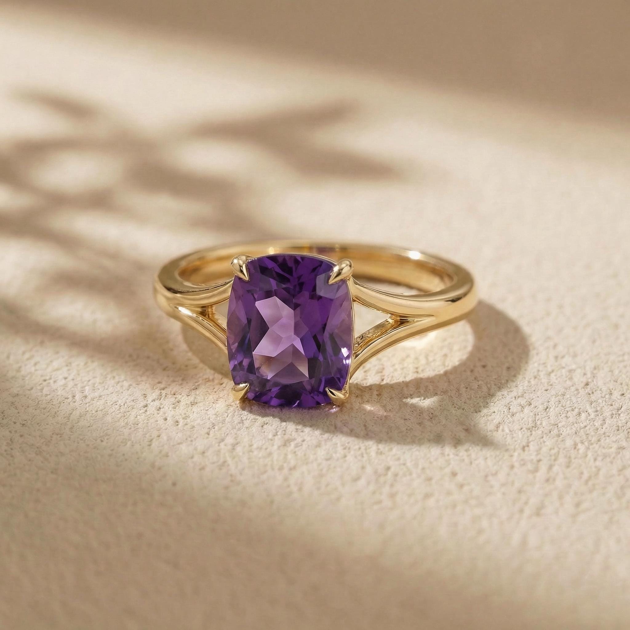 Cushion Cut Amethyst Engagement Ring, Modern Split Shank Solitaire, Vintage Inspired Anniversary Gift for Her – February Birthstone Jewelry