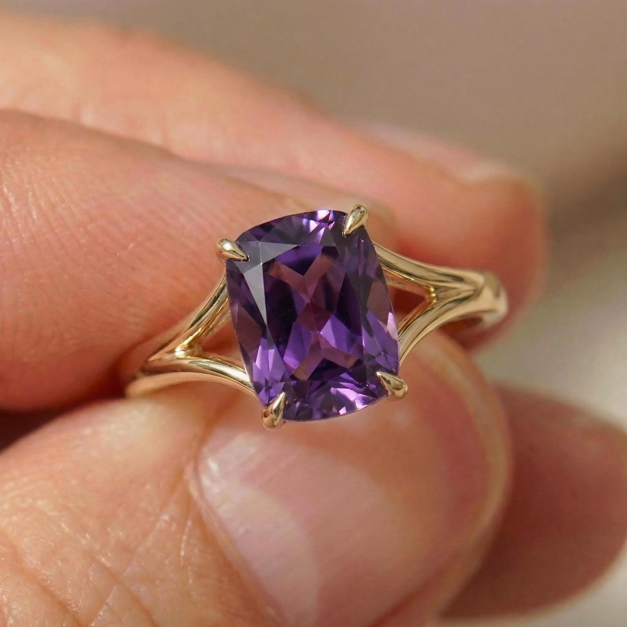 Cushion Cut Amethyst Engagement Ring, Modern Split Shank Solitaire, Vintage Inspired Anniversary Gift for Her – February Birthstone Jewelry