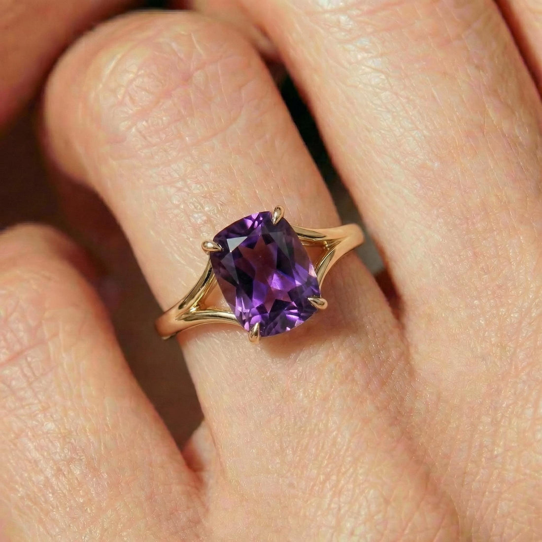 Cushion Cut Amethyst Engagement Ring, Modern Split Shank Solitaire, Vintage Inspired Anniversary Gift for Her – February Birthstone Jewelry