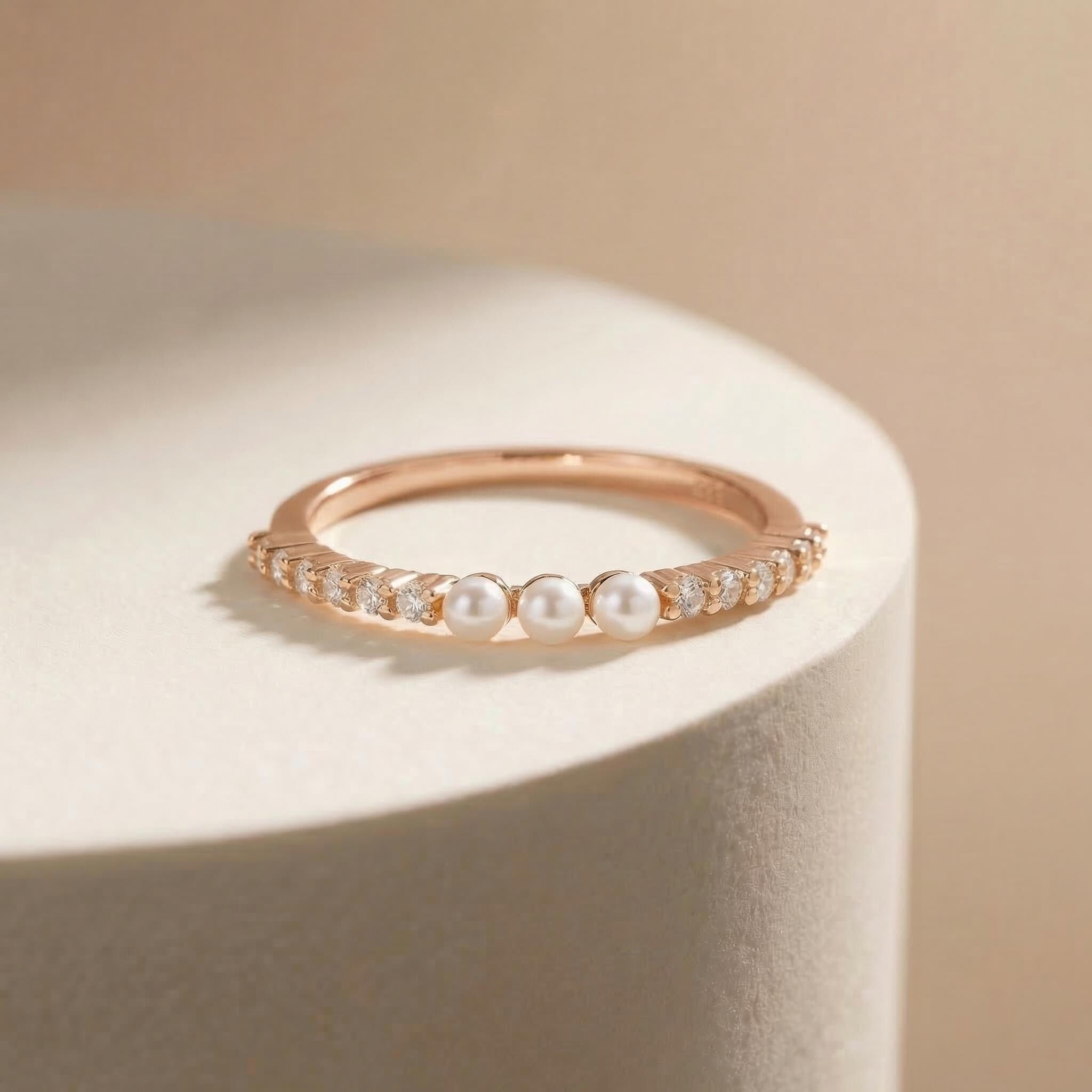Dainty Pearl and Diamond Eternity Ring, 14K Gold Stacking Band, Delicate Gold Pearl Ring, Minimalist Anniversary Gift