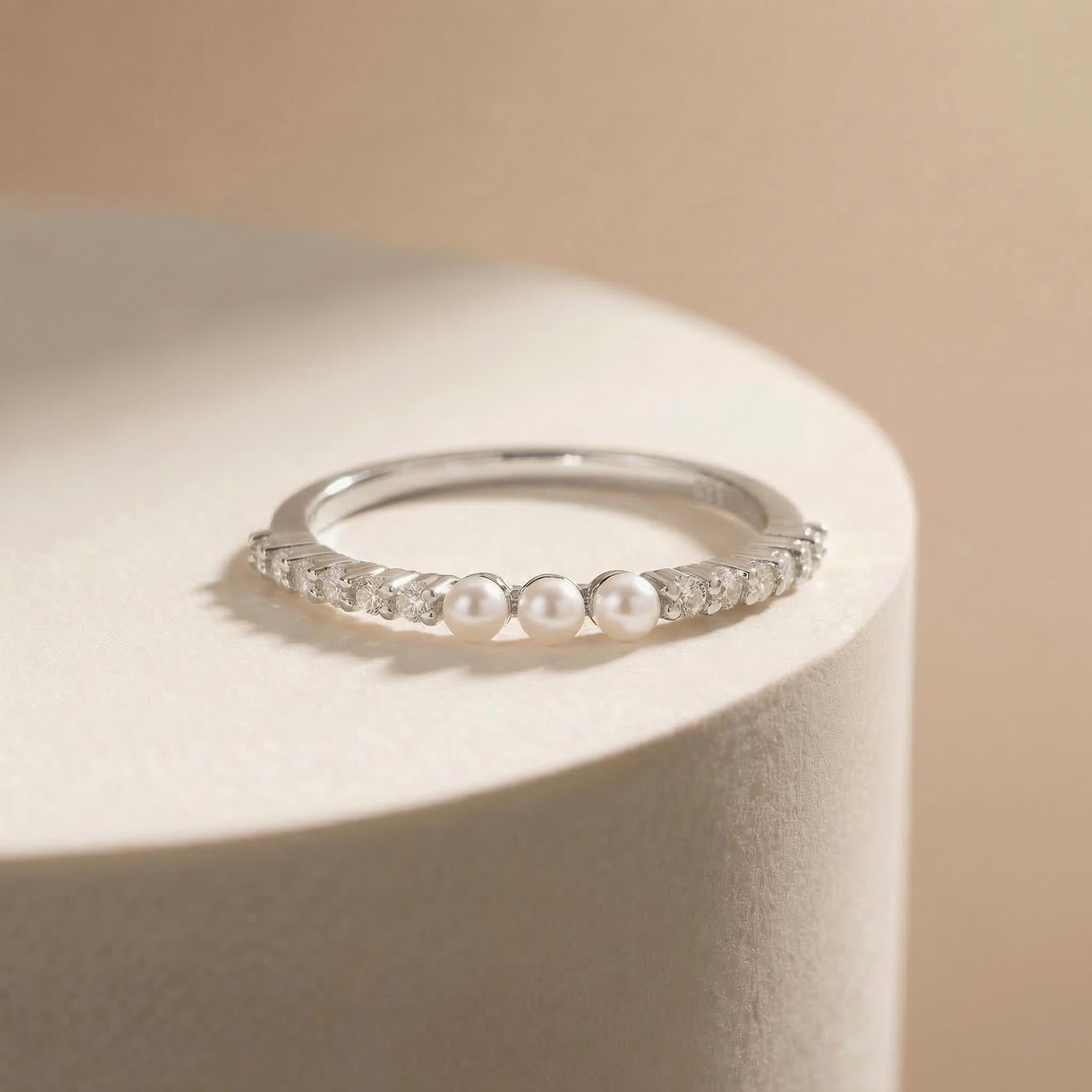Dainty Pearl and Diamond Eternity Ring, 14K Gold Stacking Band, Delicate Gold Pearl Ring, Minimalist Anniversary Gift