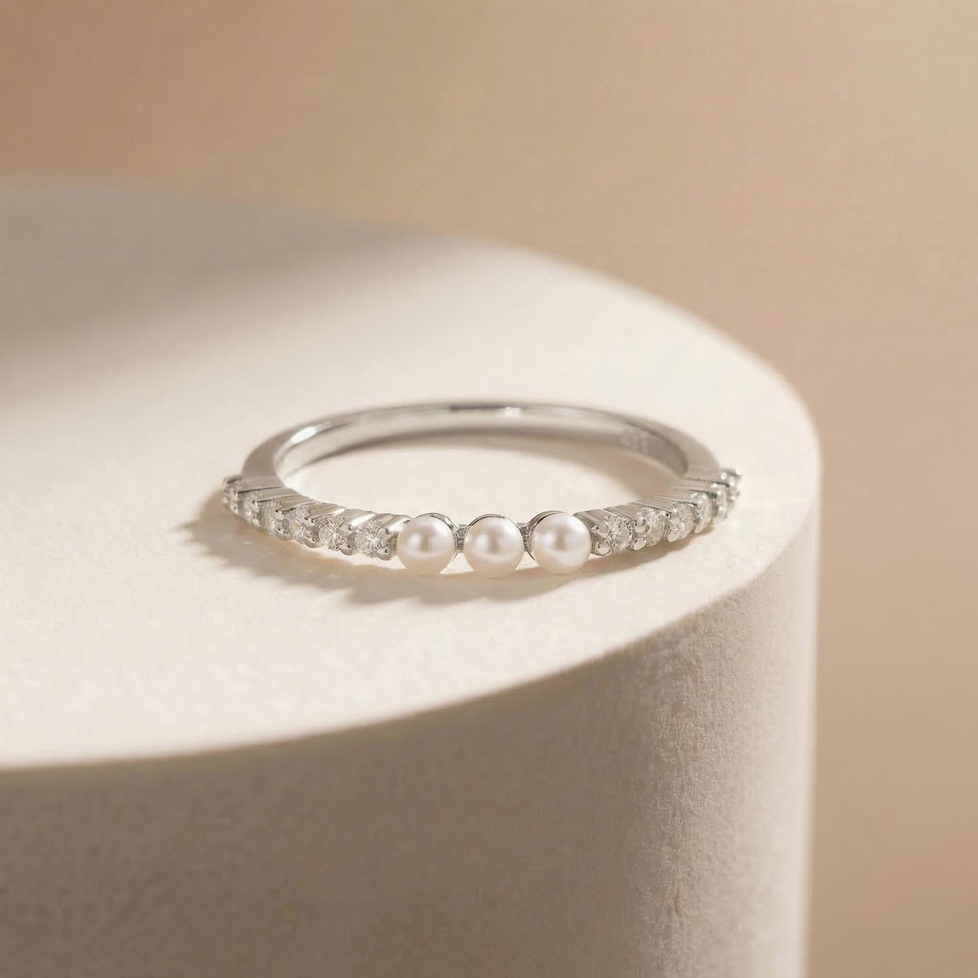 Dainty Pearl and Diamond Eternity Ring, 14K Gold Stacking Band, Delicate Gold Pearl Ring, Minimalist Anniversary Gift