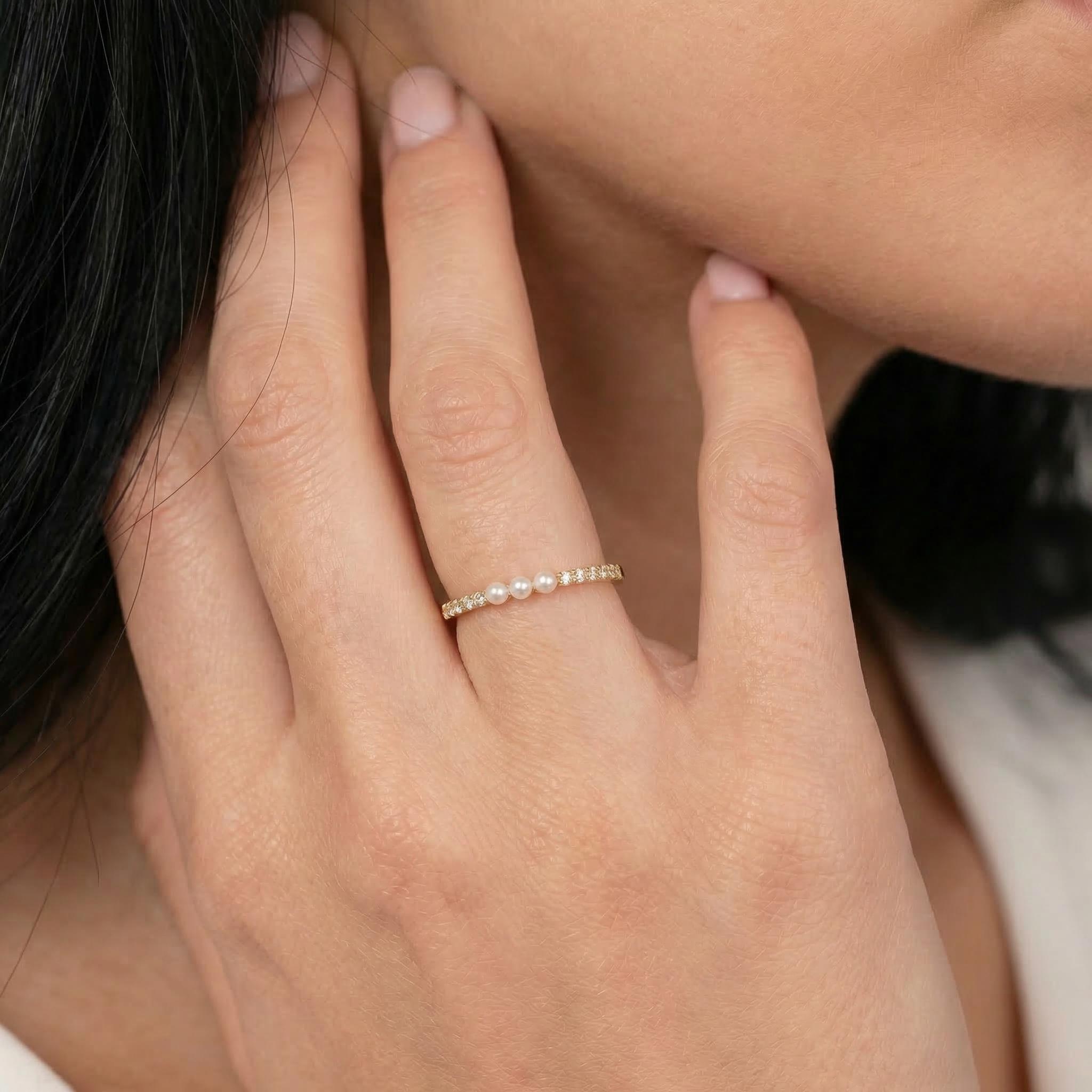 Dainty Pearl and Diamond Eternity Ring, 14K Gold Stacking Band, Delicate Gold Pearl Ring, Minimalist Anniversary Gift