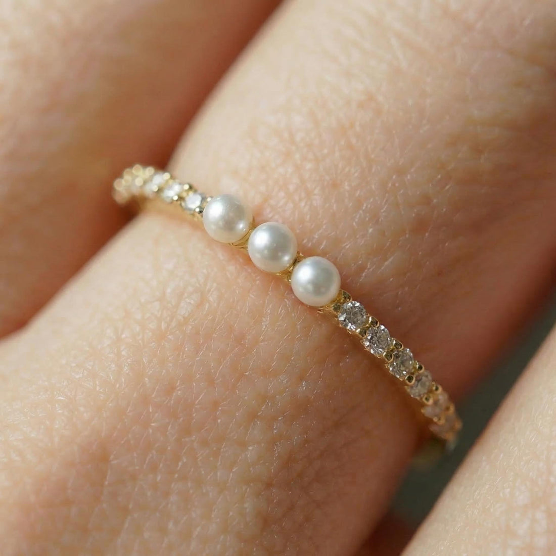 Dainty Pearl and Diamond Eternity Ring, 14K Gold Stacking Band, Delicate Gold Pearl Ring, Minimalist Anniversary Gift