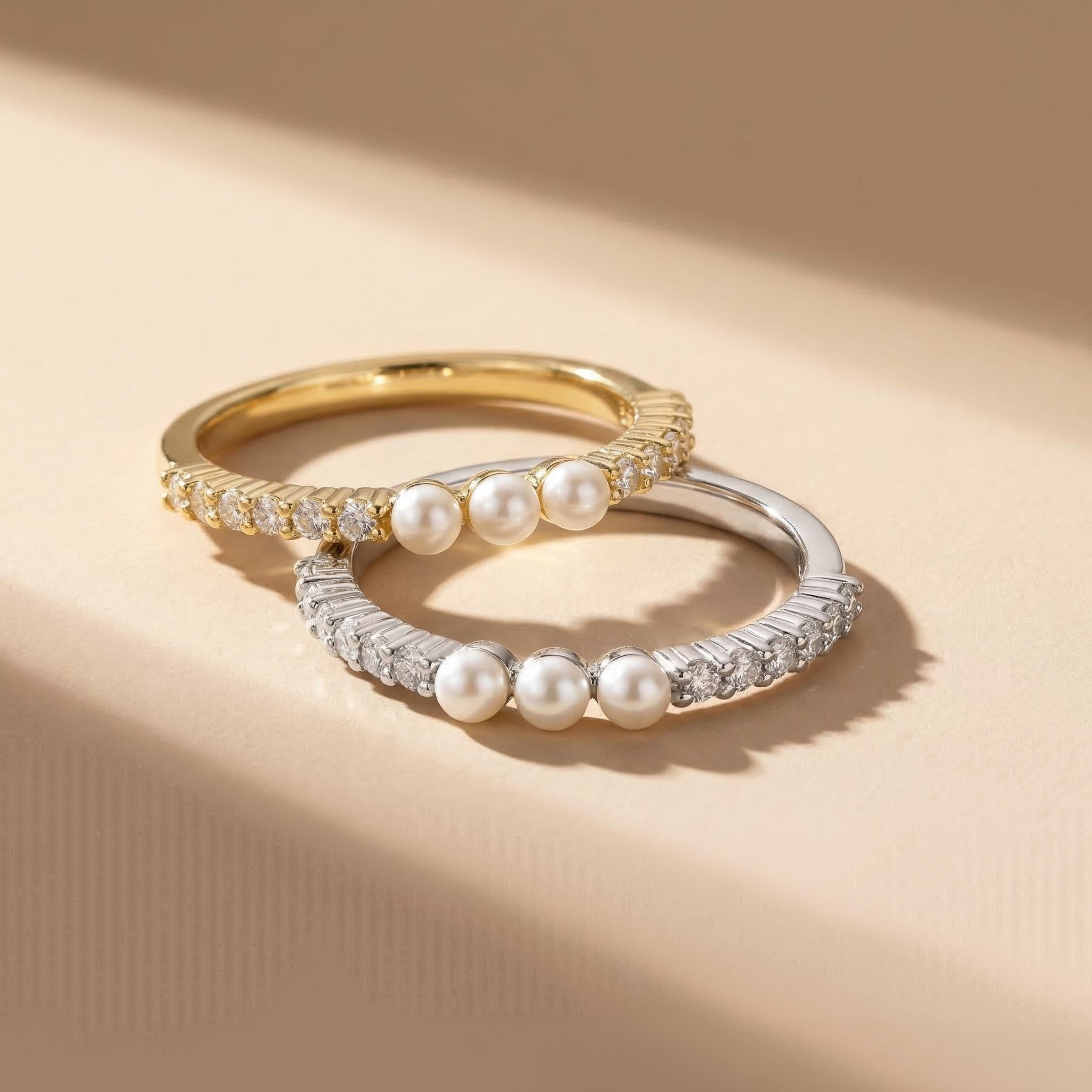 Dainty Pearl and Diamond Eternity Ring, 14K Gold Stacking Band, Delicate Gold Pearl Ring, Minimalist Anniversary Gift