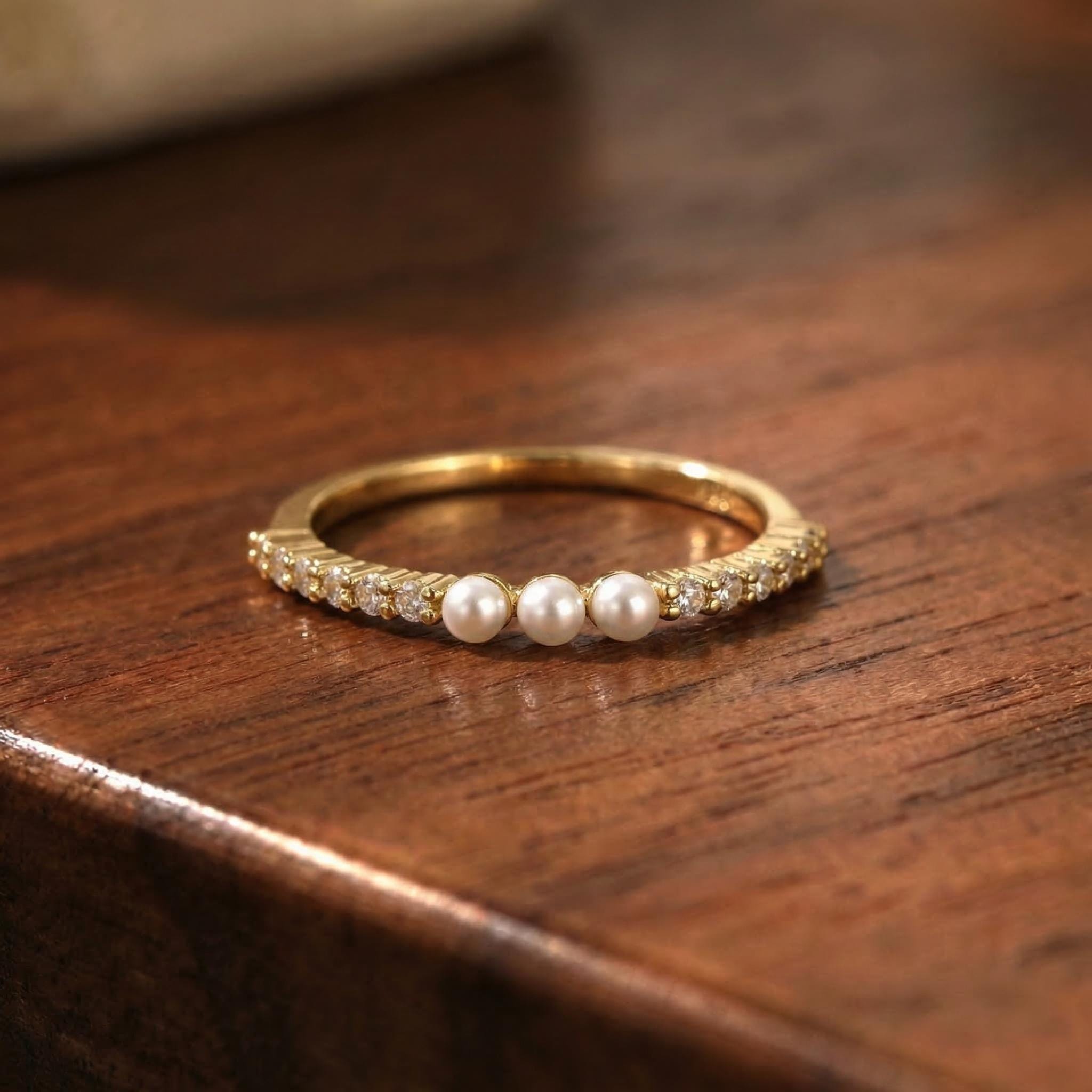 Dainty Pearl and Diamond Eternity Ring, 14K Gold Stacking Band, Delicate Gold Pearl Ring, Minimalist Anniversary Gift
