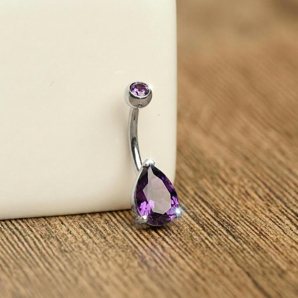 Elegant Gold Amethyst Teardrop Belly Button Ring | Dainty Purple Navel Piercing Jewelry | Unique Gift for Her