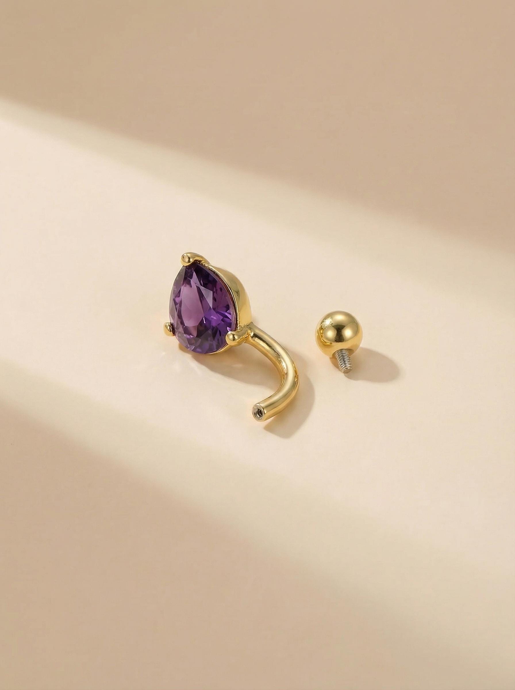 Elegant Gold Amethyst Teardrop Belly Button Ring | Dainty Purple Navel Piercing Jewelry | Unique Gift for Her