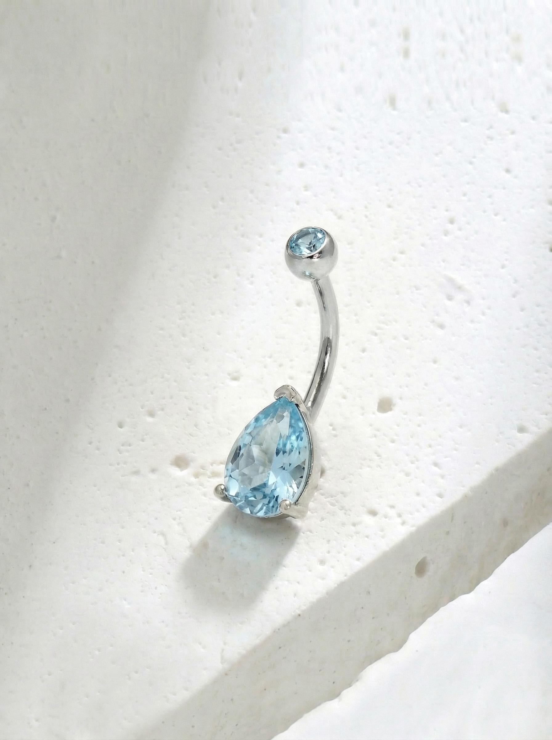 Dainty Aquamarine Teardrop Belly Button Ring | Sterling Silver Navel Piercing Jewelry | Elegant Blue Gemstone Dangle Body Jewelry Gift
