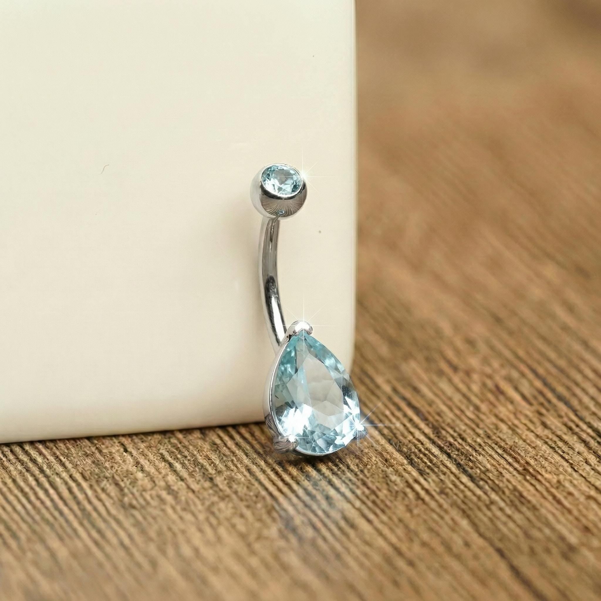 Dainty Aquamarine Teardrop Belly Button Ring | Sterling Silver Navel Piercing Jewelry | Elegant Blue Gemstone Dangle Body Jewelry Gift