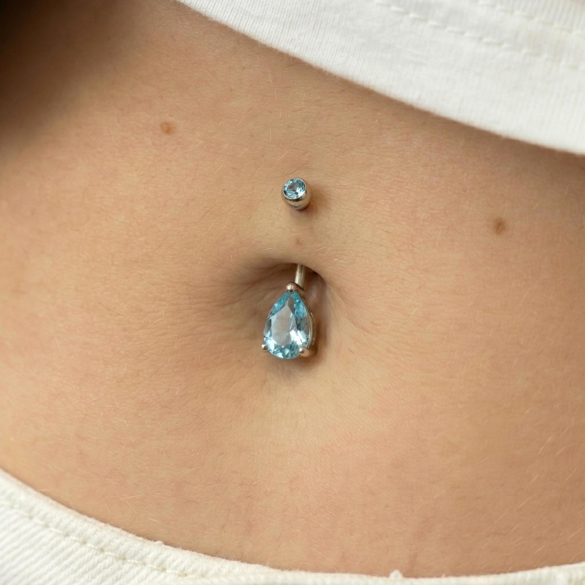 Dainty Aquamarine Teardrop Belly Button Ring | Sterling Silver Navel Piercing Jewelry | Elegant Blue Gemstone Dangle Body Jewelry Gift