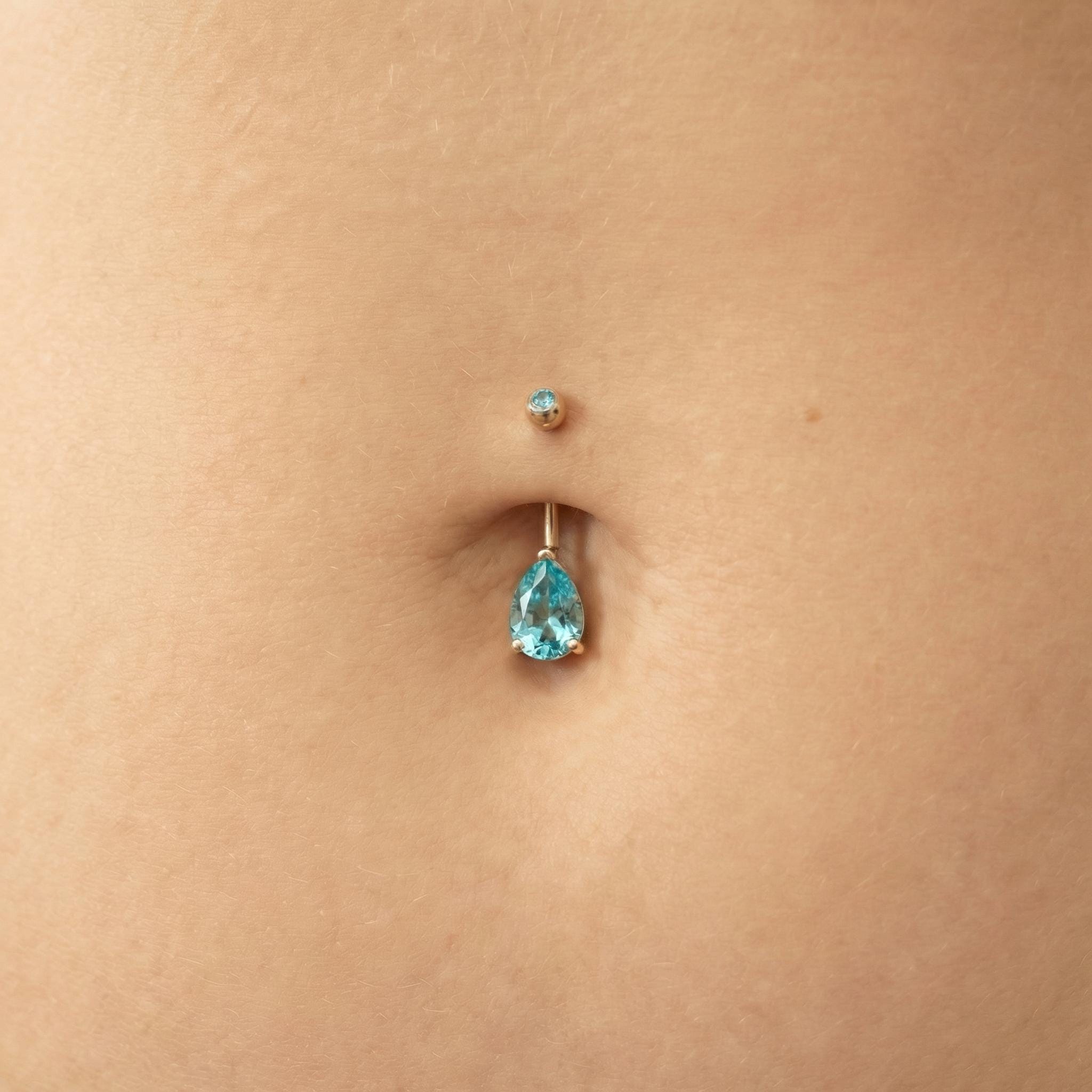 Dainty Aquamarine Teardrop Belly Button Ring | Sterling Silver Navel Piercing Jewelry | Elegant Blue Gemstone Dangle Body Jewelry Gift