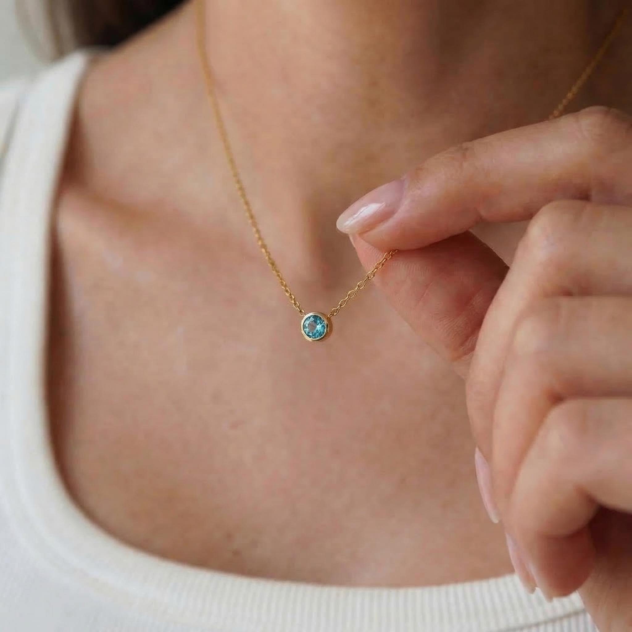 Dainty Gold Blue Topaz Bezel Necklace | Minimalist Solitaire Gemstone Pendant | Everyday Layering Jewelry | December Birthstone Gift for Her