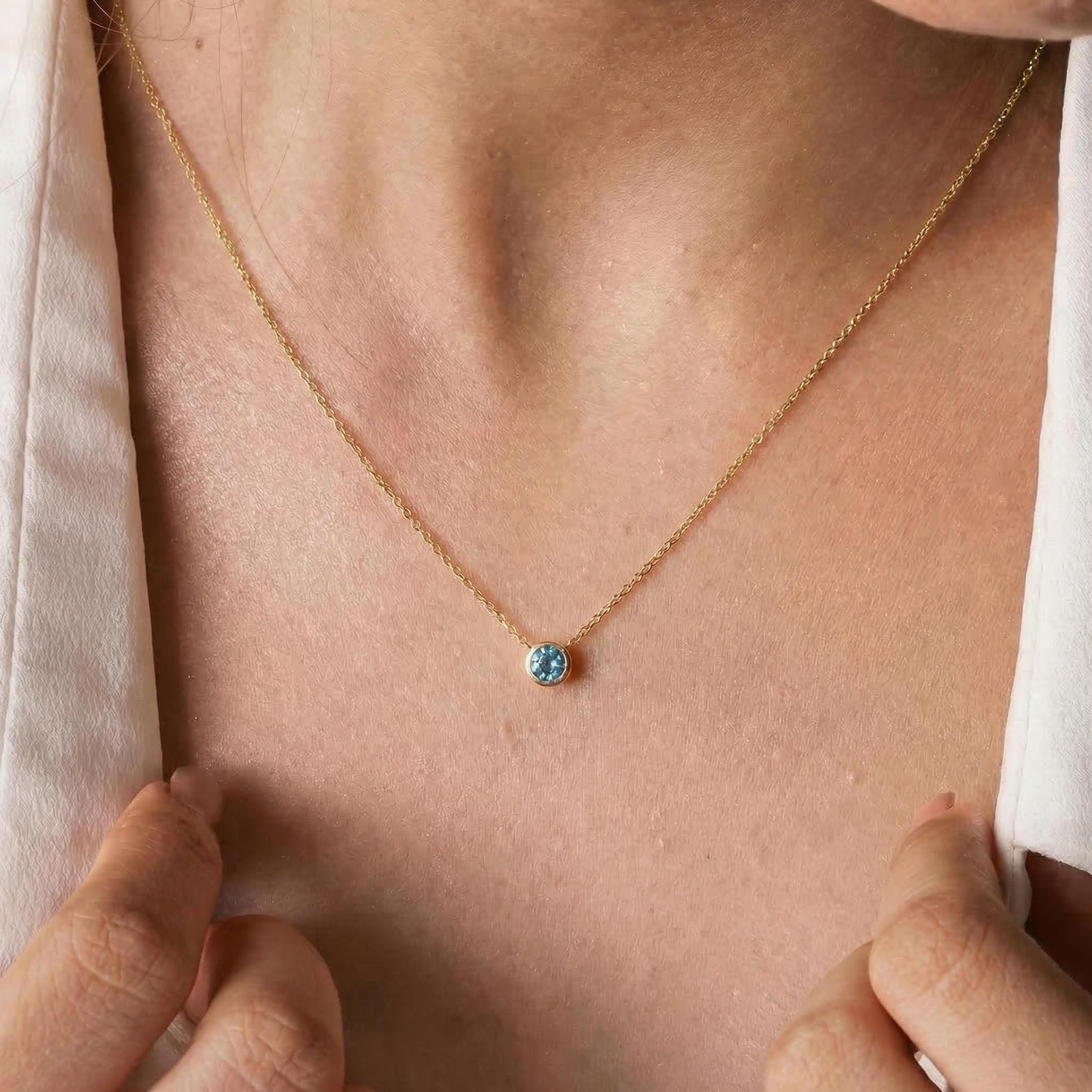 Dainty Gold Blue Topaz Bezel Necklace | Minimalist Solitaire Gemstone Pendant | Everyday Layering Jewelry | December Birthstone Gift for Her