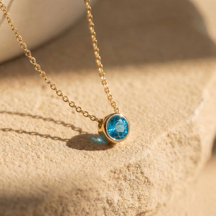 Dainty Gold Blue Topaz Bezel Necklace | Minimalist Solitaire Gemstone Pendant | Everyday Layering Jewelry | December Birthstone Gift for Her
