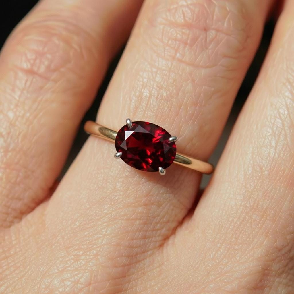 2.0 CT East West Oval Cut Garnet Engagement Ring, Yellow Gold Vermeil Two Tone Ring, Dainty Travel Engagement Ring