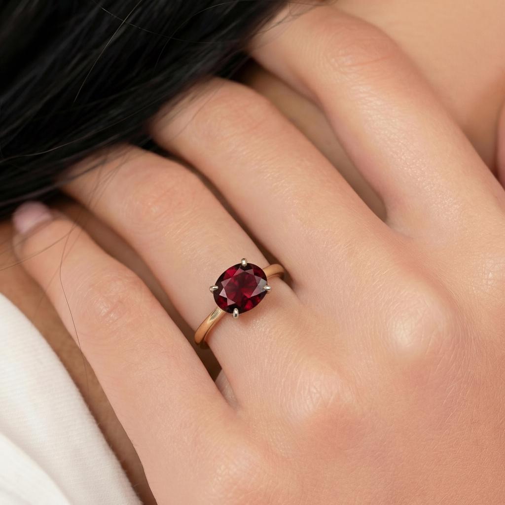 2.0 CT East West Oval Cut Garnet Engagement Ring, Yellow Gold Vermeil Two Tone Ring, Dainty Travel Engagement Ring