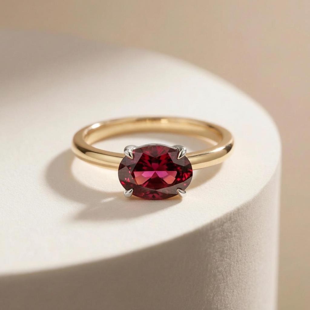 2.0 CT East West Oval Cut Garnet Engagement Ring, Yellow Gold Vermeil Two Tone Ring, Dainty Travel Engagement Ring