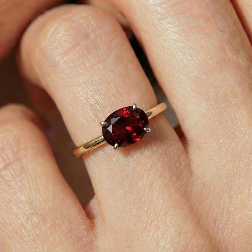 2.0 CT East West Oval Cut Garnet Engagement Ring, Yellow Gold Vermeil Two Tone Ring, Dainty Travel Engagement Ring