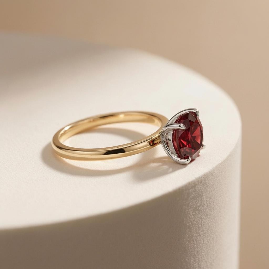 2.0 CT East West Oval Cut Garnet Engagement Ring, Yellow Gold Vermeil Two Tone Ring, Dainty Travel Engagement Ring