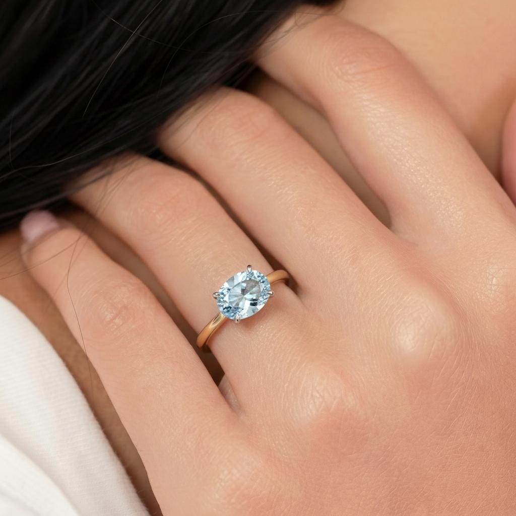 2.0 CT East West Oval Cut Aquamarine Engagement Ring, Yellow Gold Vermeil Two Tone Ring, Dainty Travel Engagement Ring