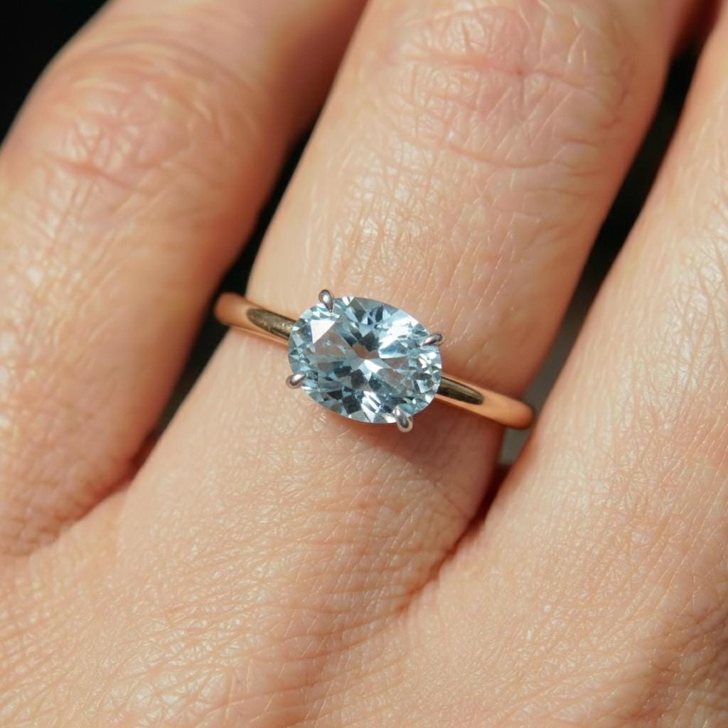 2.0 CT East West Oval Cut Aquamarine Engagement Ring, Yellow Gold Vermeil Two Tone Ring, Dainty Travel Engagement Ring