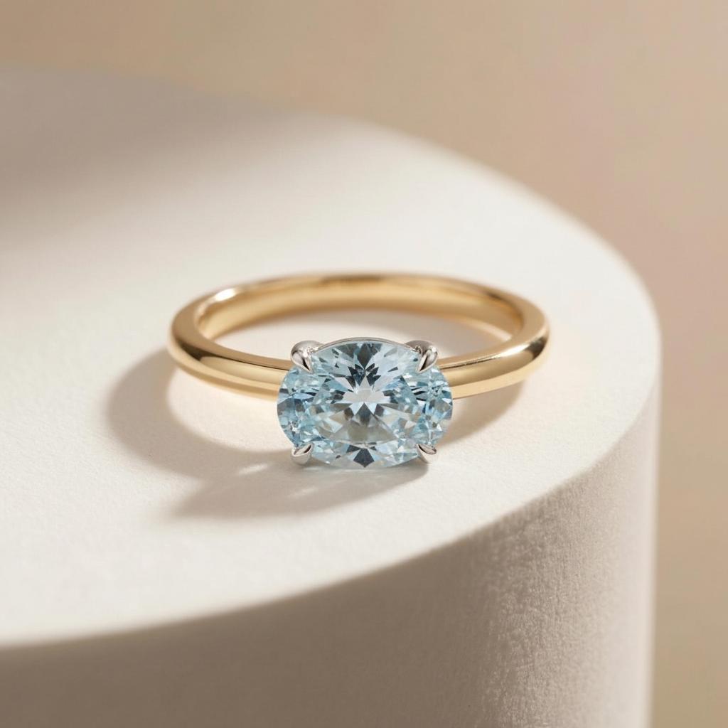 2.0 CT East West Oval Cut Aquamarine Engagement Ring, Yellow Gold Vermeil Two Tone Ring, Dainty Travel Engagement Ring