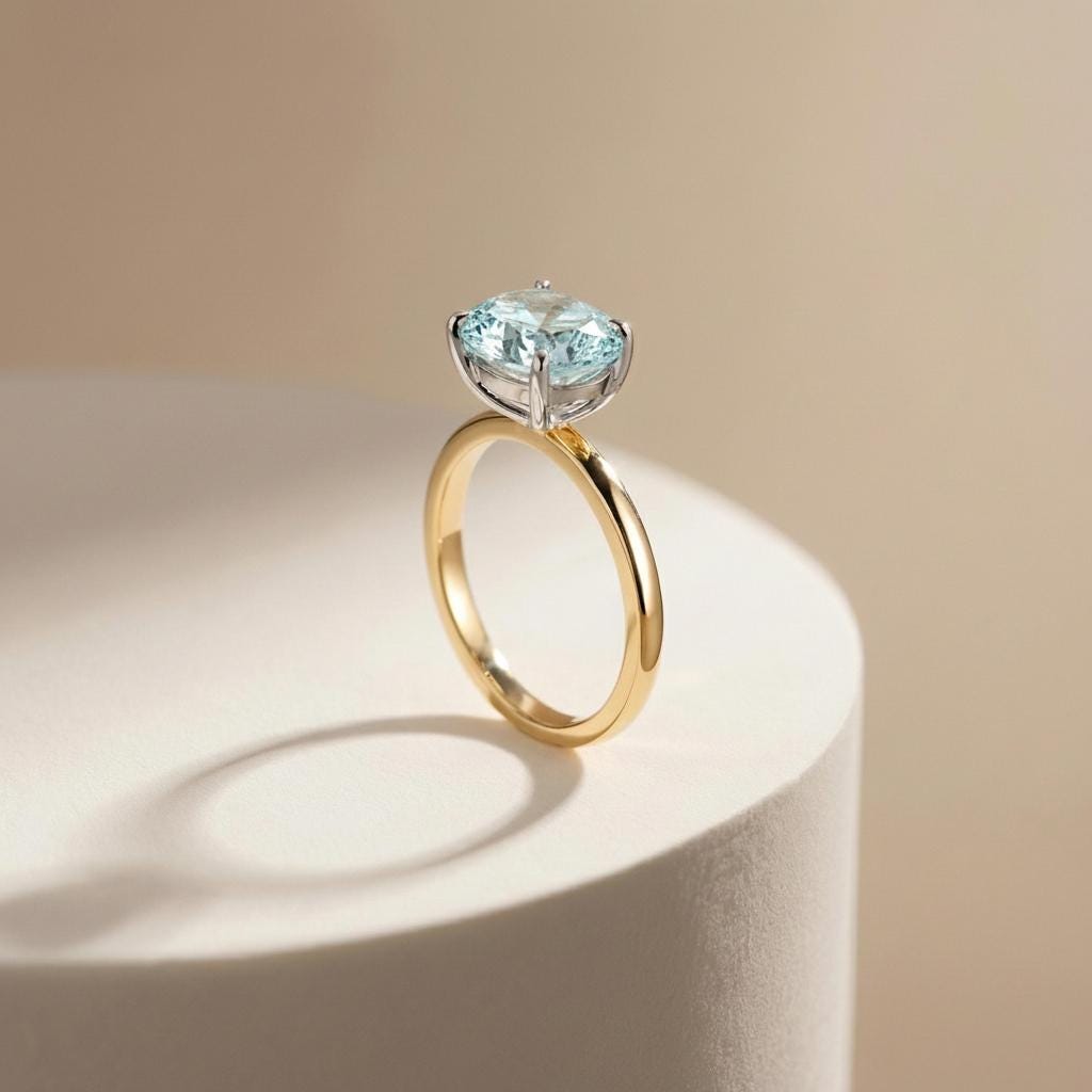 2.0 CT East West Oval Cut Aquamarine Engagement Ring, Yellow Gold Vermeil Two Tone Ring, Dainty Travel Engagement Ring