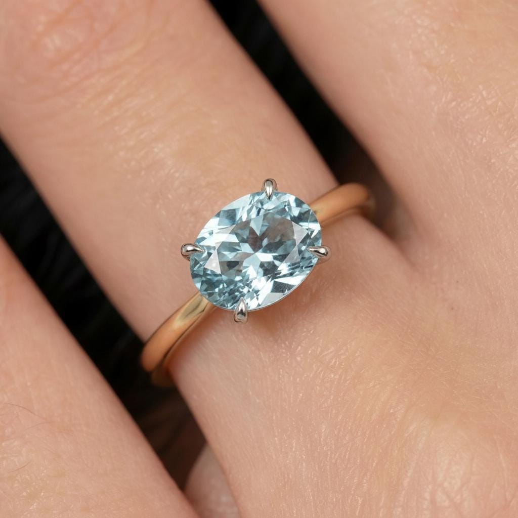 2.0 CT East West Oval Cut Aquamarine Engagement Ring, Yellow Gold Vermeil Two Tone Ring, Dainty Travel Engagement Ring