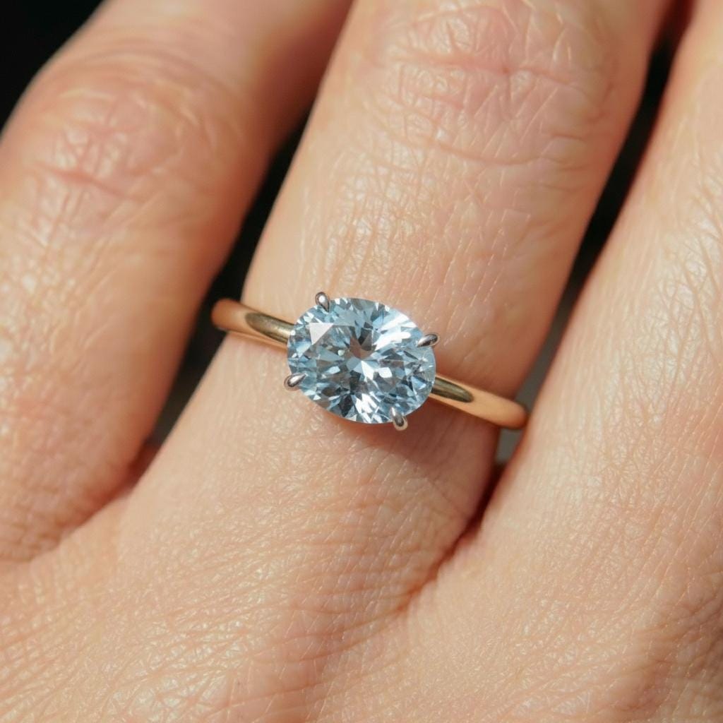 2.0 CT East West Oval Cut Aquamarine Engagement Ring, Yellow Gold Vermeil Two Tone Ring, Dainty Travel Engagement Ring