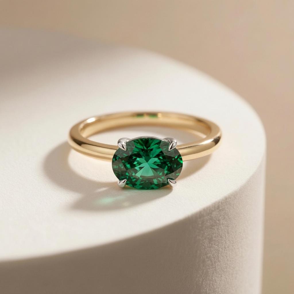 2.0 CT East West Oval Cut Emerald Engagement Ring, Yellow Gold Vermeil Two Tone Ring, Dainty Travel Engagement Ring