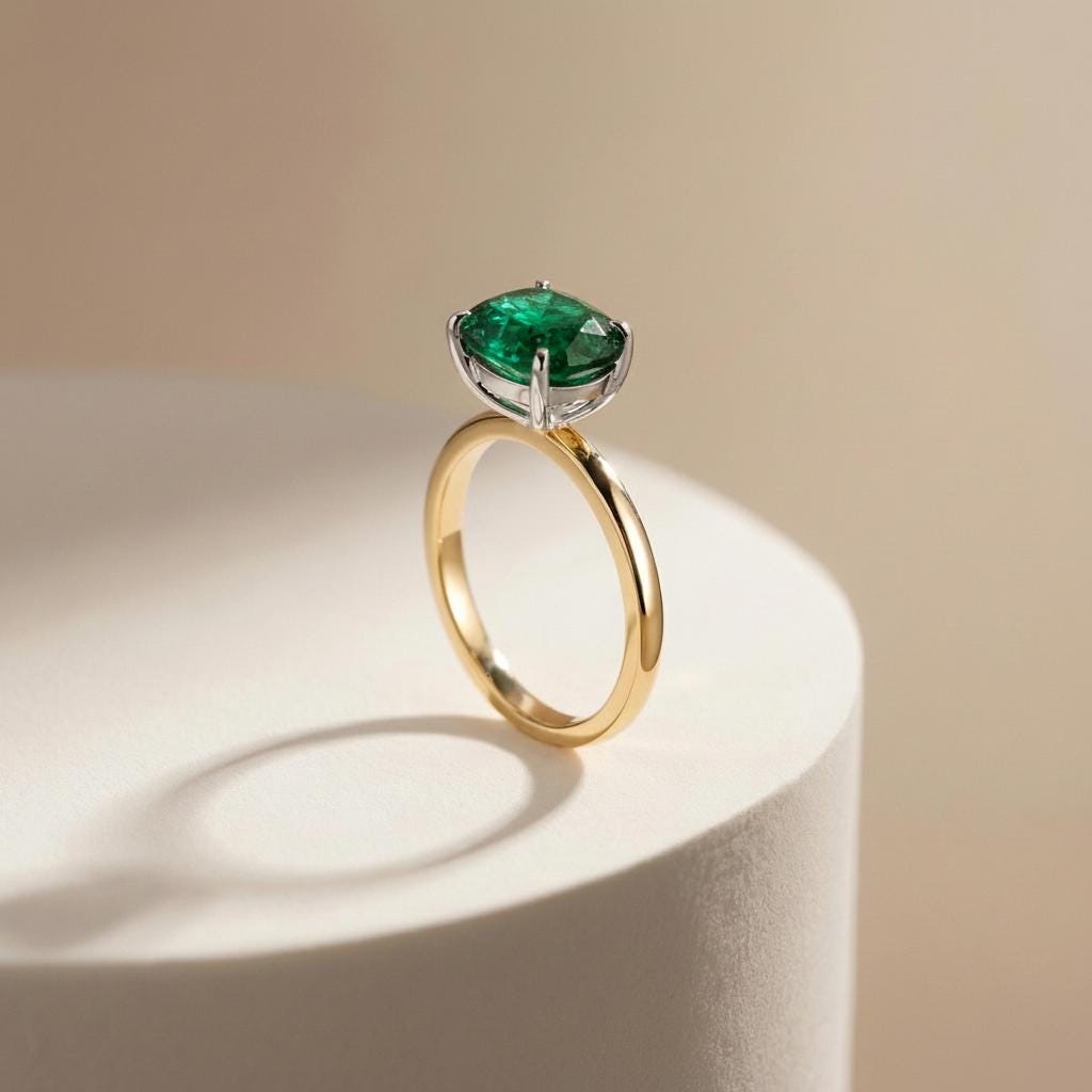 2.0 CT East West Oval Cut Emerald Engagement Ring, Yellow Gold Vermeil Two Tone Ring, Dainty Travel Engagement Ring