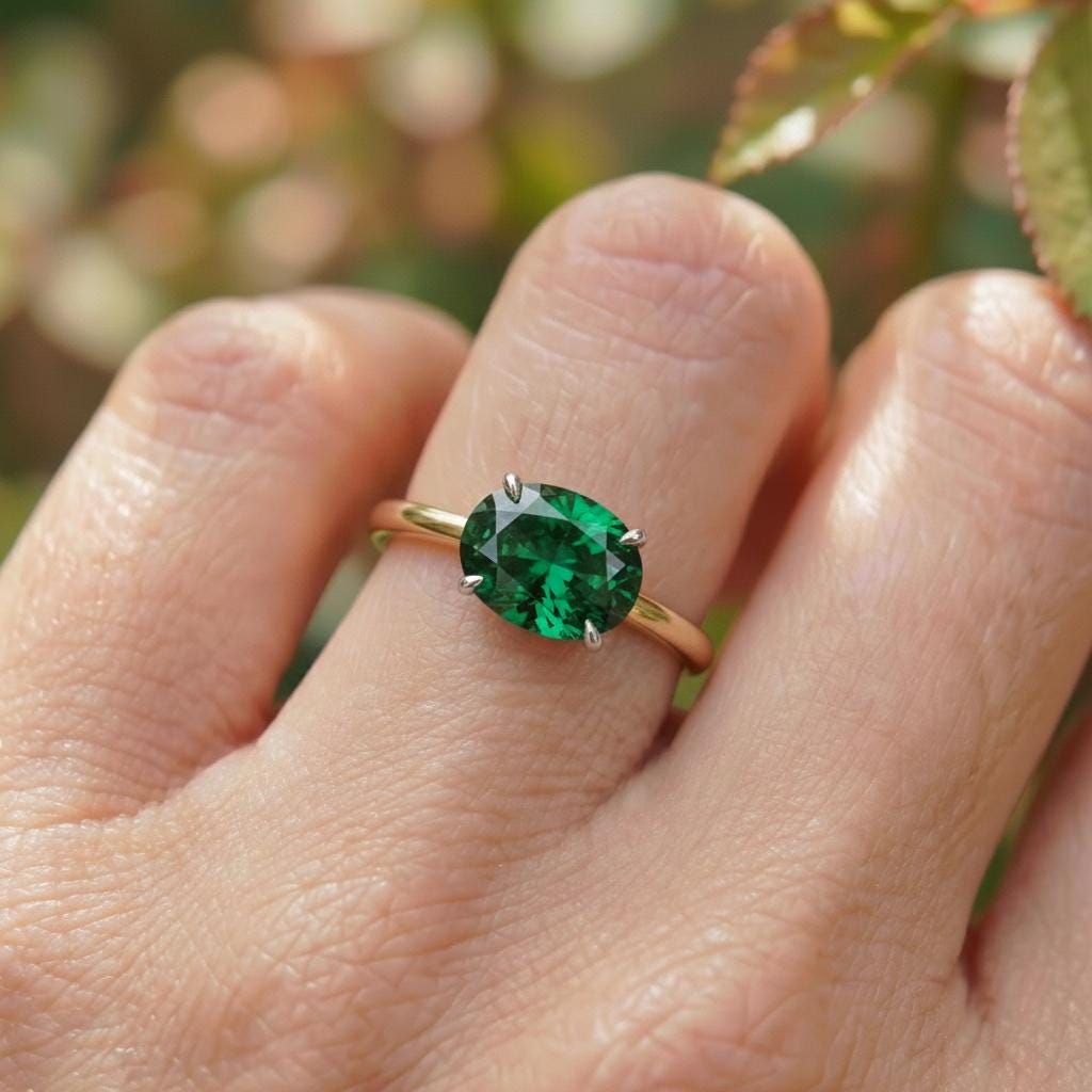 2.0 CT East West Oval Cut Emerald Engagement Ring, Yellow Gold Vermeil Two Tone Ring, Dainty Travel Engagement Ring