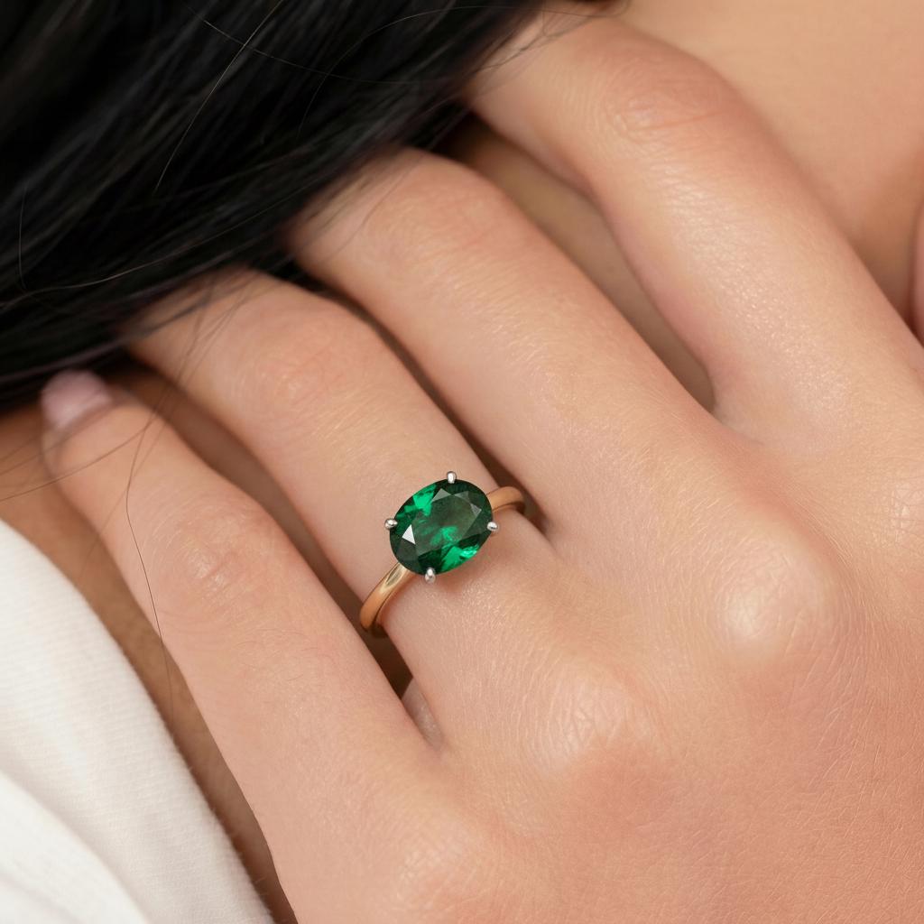 2.0 CT East West Oval Cut Emerald Engagement Ring, Yellow Gold Vermeil Two Tone Ring, Dainty Travel Engagement Ring