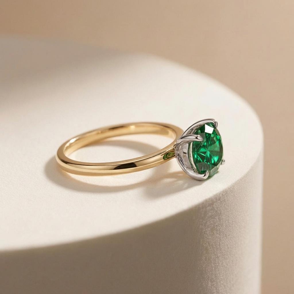 2.0 CT East West Oval Cut Emerald Engagement Ring, Yellow Gold Vermeil Two Tone Ring, Dainty Travel Engagement Ring