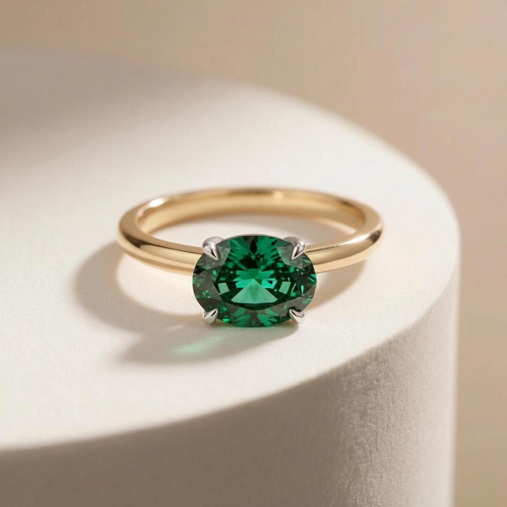 2.0 CT East West Oval Cut Emerald Engagement Ring, Yellow Gold Vermeil Two Tone Ring, Dainty Travel Engagement Ring