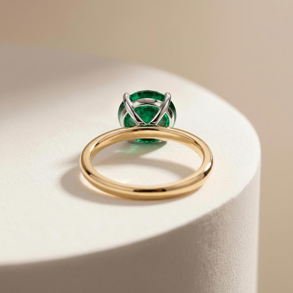 2.0 CT East West Oval Cut Emerald Engagement Ring, Yellow Gold Vermeil Two Tone Ring, Dainty Travel Engagement Ring
