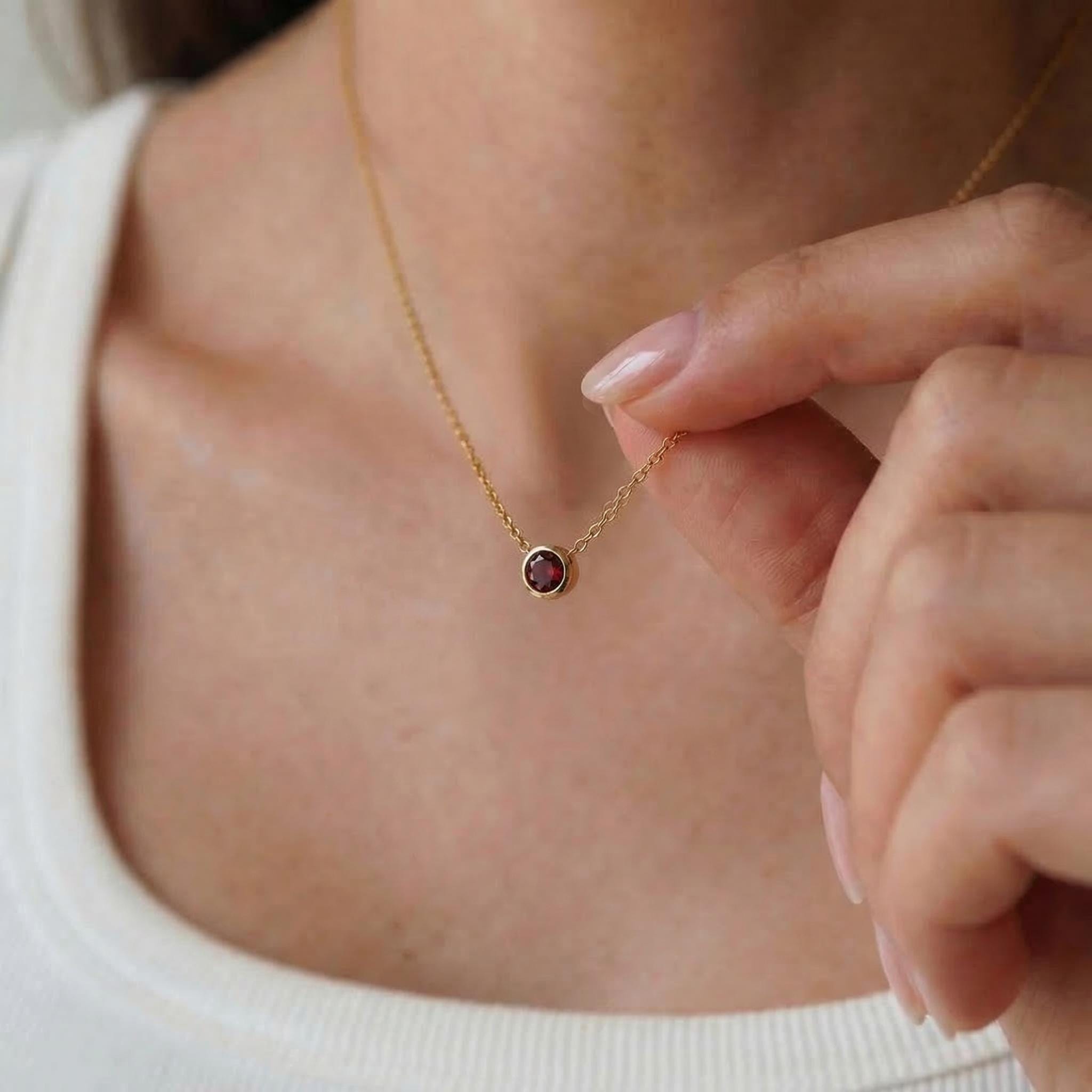 Dainty Gold Garnet Necklace | Minimalist Bezel Set Red Gemstone Solitaire Pendant | January Birthstone Jewelry | Everyday Elegance Gift