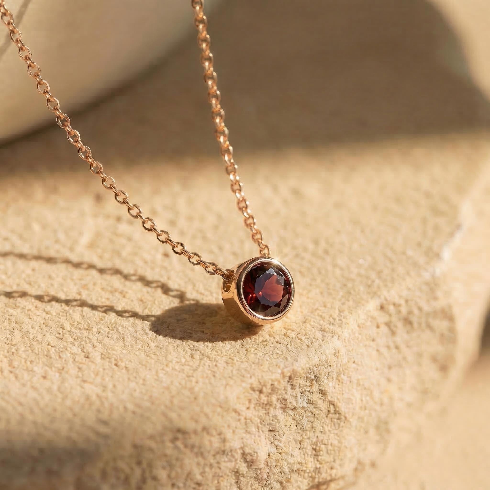 Dainty Gold Garnet Necklace | Minimalist Bezel Set Red Gemstone Solitaire Pendant | January Birthstone Jewelry | Everyday Elegance Gift