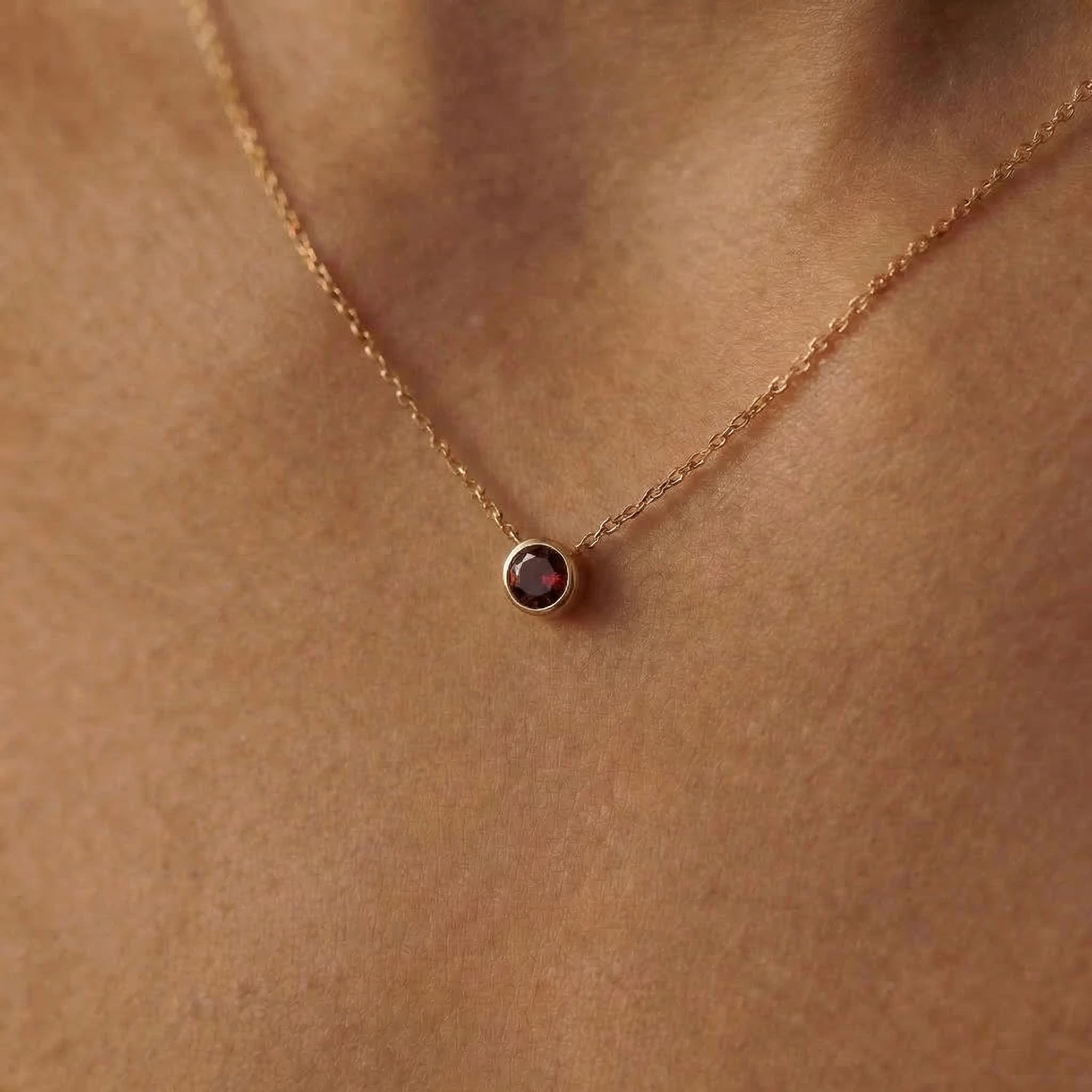 Dainty Gold Garnet Necklace | Minimalist Bezel Set Red Gemstone Solitaire Pendant | January Birthstone Jewelry | Everyday Elegance Gift