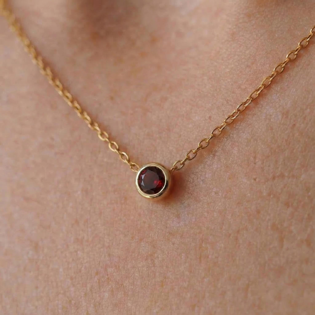 Dainty Gold Garnet Necklace | Minimalist Bezel Set Red Gemstone Solitaire Pendant | January Birthstone Jewelry | Everyday Elegance Gift
