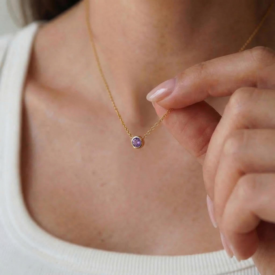 Minimalist Amethyst Solitaire Necklace | 14K Gold Bezel Set February Birthstone Pendant | Dainty Gemstone Jewelry Gift for Her
