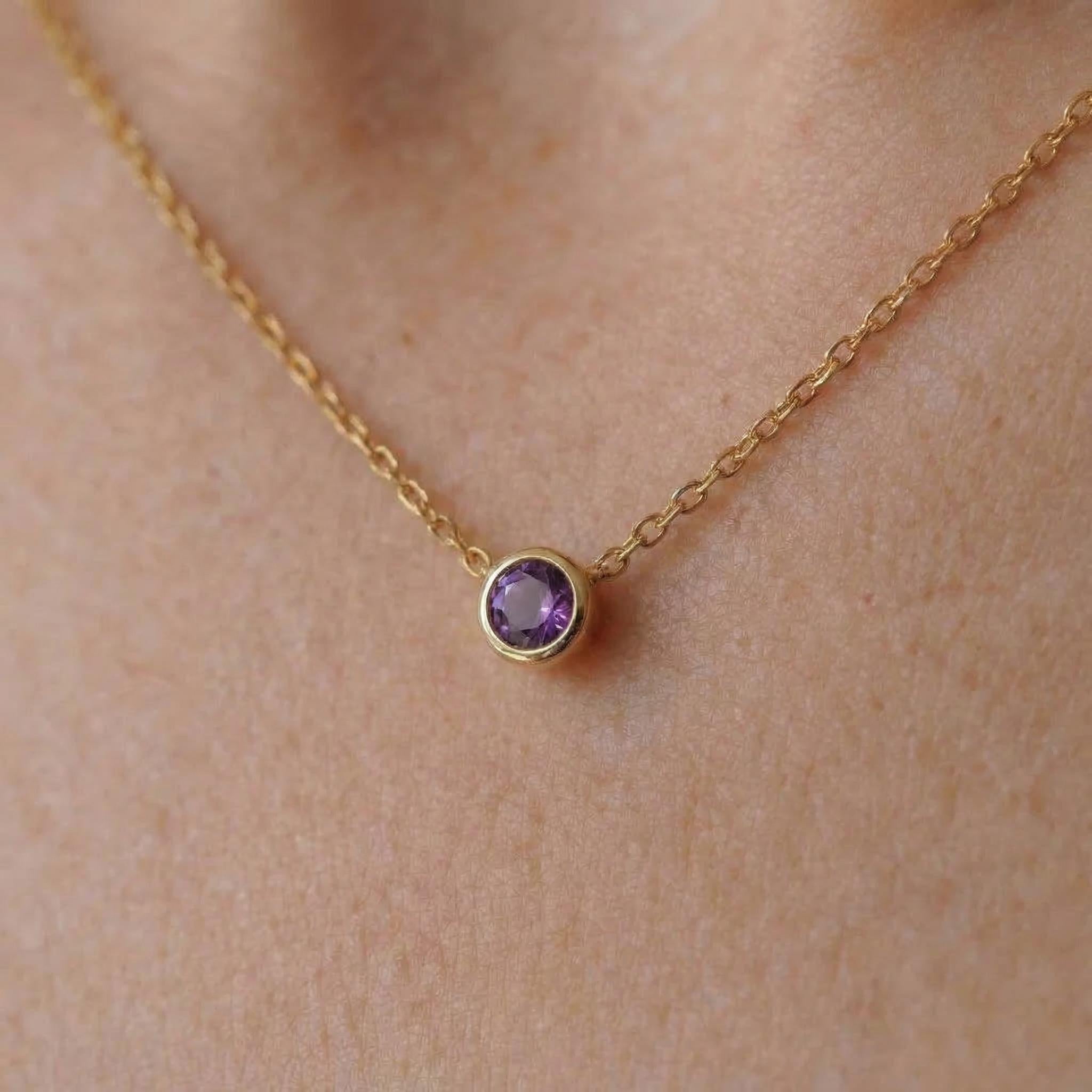 Minimalist Amethyst Solitaire Necklace | 14K Gold Bezel Set February Birthstone Pendant | Dainty Gemstone Jewelry Gift for Her