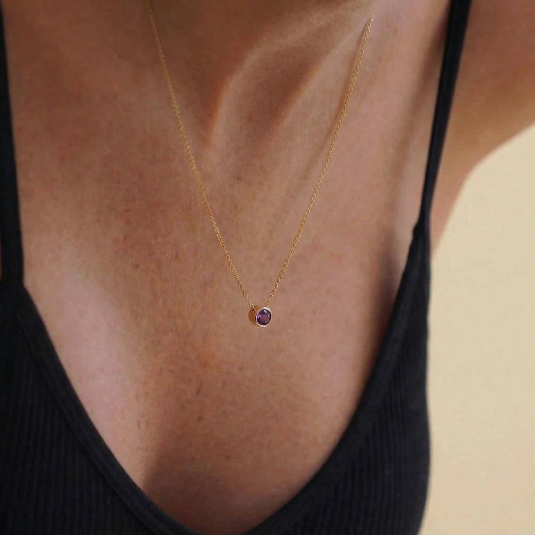 Minimalist Amethyst Solitaire Necklace | 14K Gold Bezel Set February Birthstone Pendant | Dainty Gemstone Jewelry Gift for Her